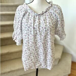 Jennifer Grace White Eyelet Purple Floral Print Puff Sleeve Milkmaid Blouse